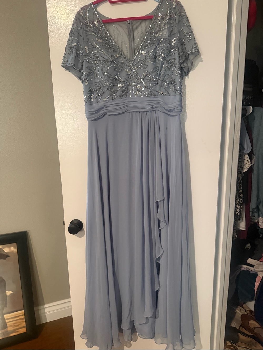 Embellished Light Blue V-Neck Maxi Dress with Flutter Sleeves